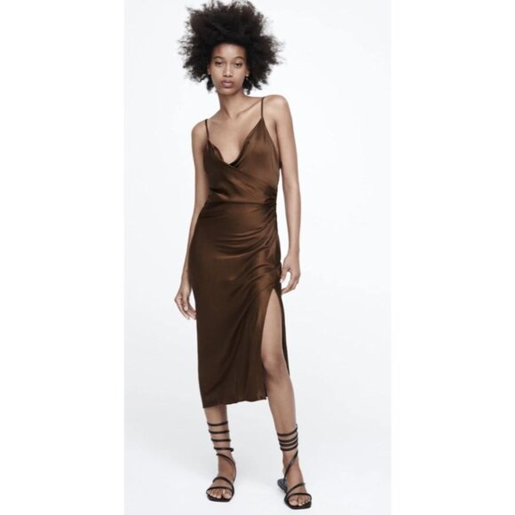 Zara Brown Surplice V-neck Satin Slip Midi Dress Side Slit Size Small - Picture 2 of 12